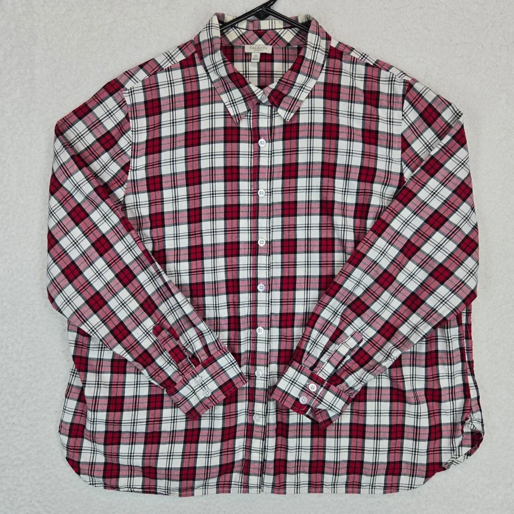 Talbots Plaid Button Down Shirt Women 2X Red Black Tartan Long Sleeve Preppy Top